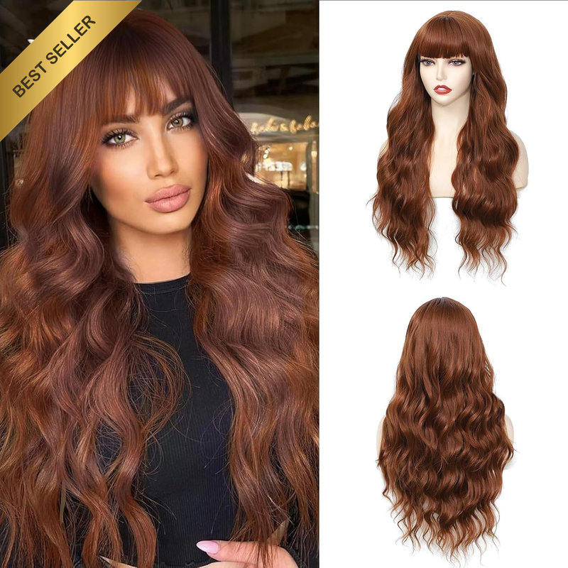 Long Brown Wavy Wig with Bangs for Women 26 Inch Curly Wavy Wig with Bangs Natur