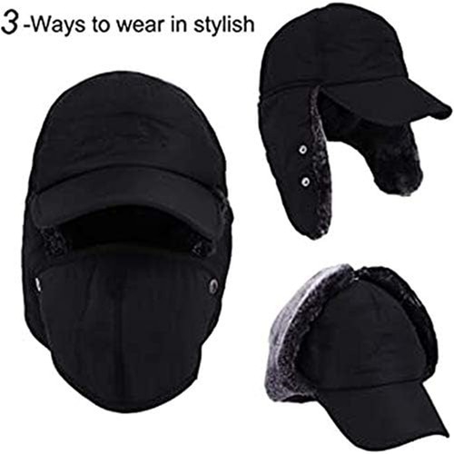 Winter 3 in 1 Thermal Fur Lined Trapper Hat with Ear Flap Full Face Warmer Cover