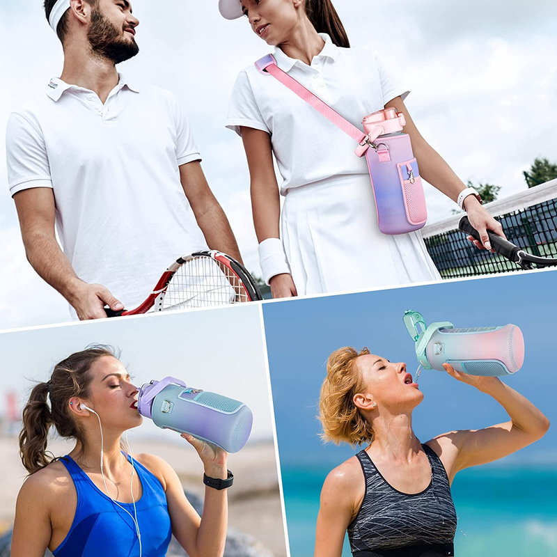 64Oz Half Gallon Water Bottle with Sleeve, Water Bottles with Time Marker/Straw/