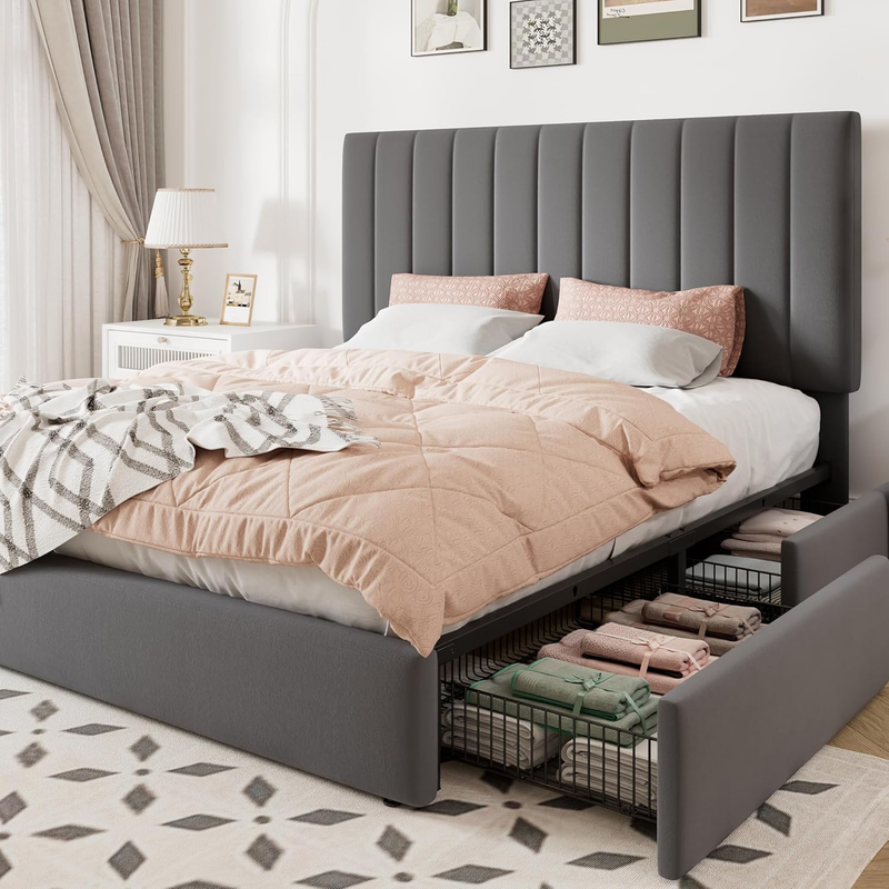 Queen Size Storage Bed Frame, Vertical Channel Tufted Adjustable Headboard, Velvet Upholstered Platform Bed with 4 Oversized Underbed Drawers, Wooden Slats Support, No Box Spring Needed, Grey