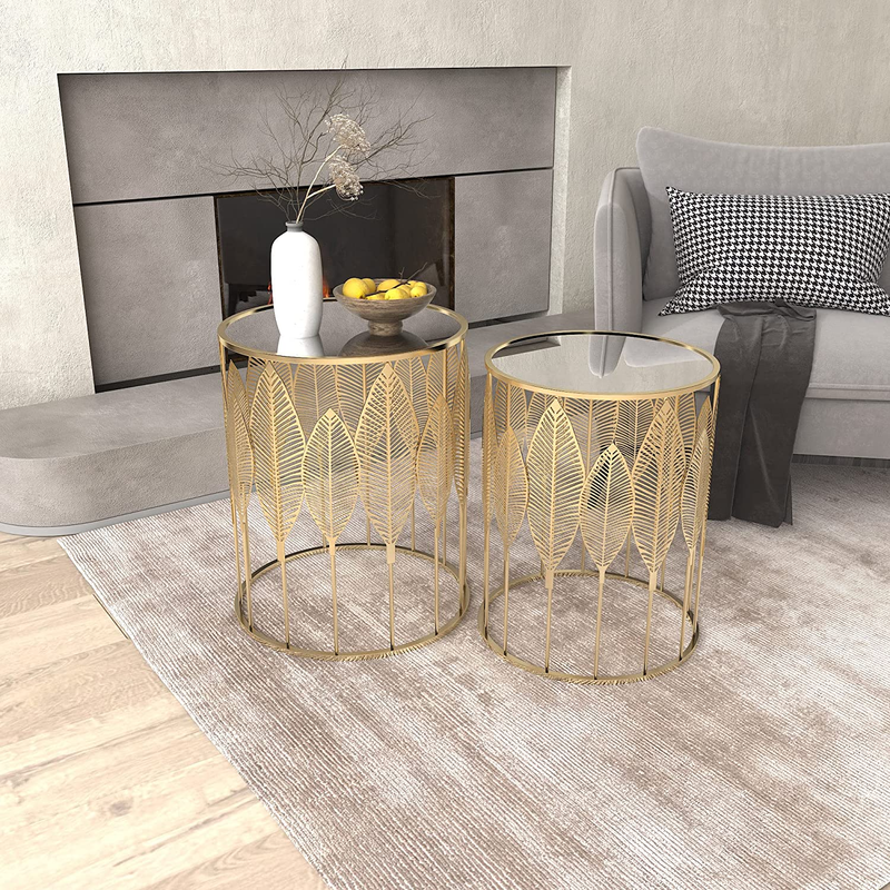 End Tables Set of 2, Gold Nesting Side Coffee Table Decorative round Nightstands