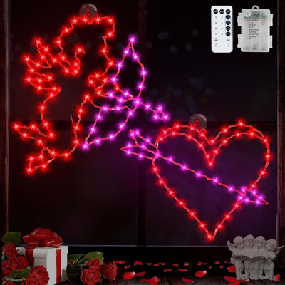 Cupid Arrow Heart Silhouette Window Lights - 2Pcs Battery-Operated Decor