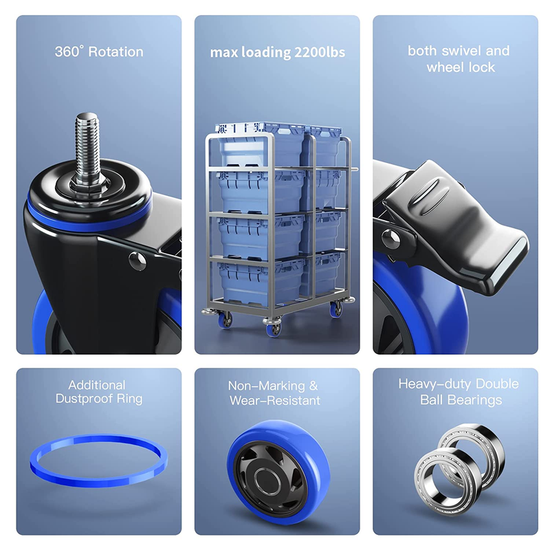 Stem Caster Wheels 5 Inch Heavy Duty Threaded Stem Mount Casters Set of 4 with A