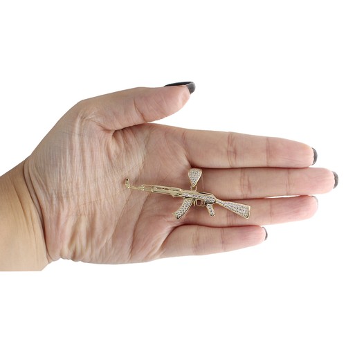 Pre-owned Jfl Diamonds & Timepieces 10k Yellow Gold Cubic Zirconia Ak-12 Machine Gun Rifle Pendnat Cz Charm 1.15" In White