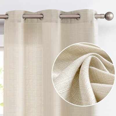 Beige Linen Textured Curtains 84 Inch Long 2 Panels for Living Room Grommet Top 