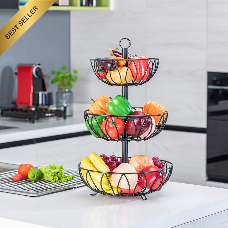 3-Tier Fruit Bowl Metal Fruit Basket Bread Vegetable Organizer Storage Black Cas