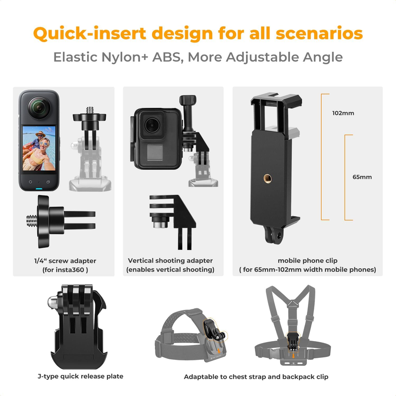 4-in-1 Adjustable Chest Strap, Head Mount, Wrist Band, Backpack Clip, with Phone