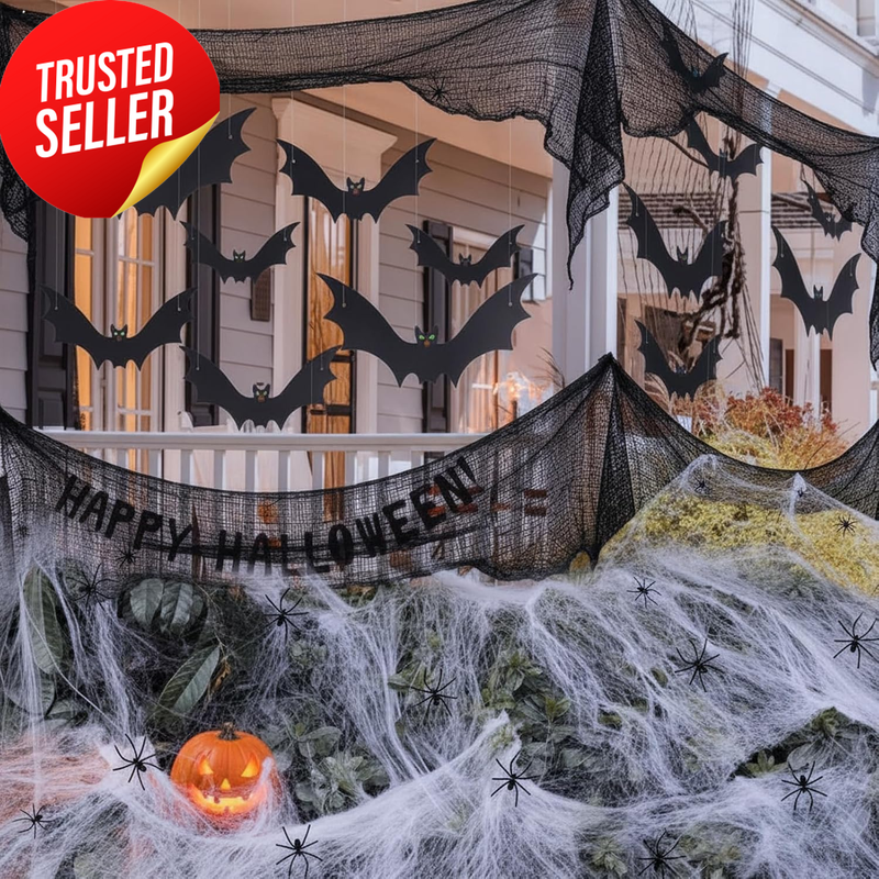 Halloween Spider Web Decor Kit 3In1 12 Bats 5 Gauze Set