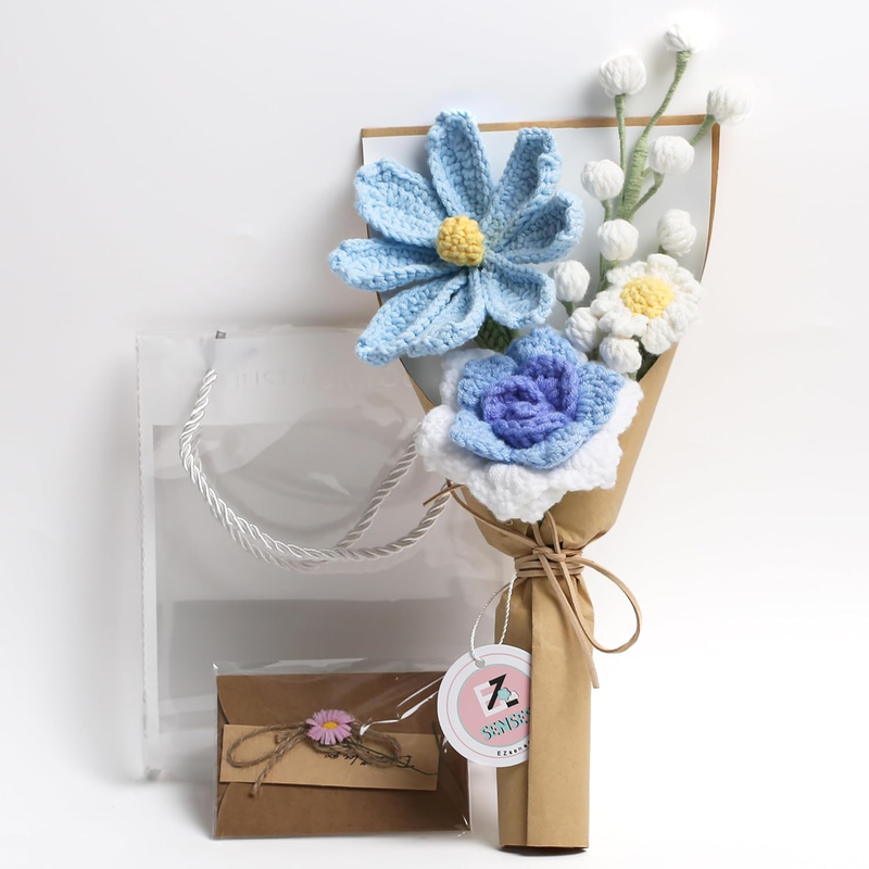 Crochet Flower Bouquet with Greeting Card and Gift Bag, Handmade Artificial Knit