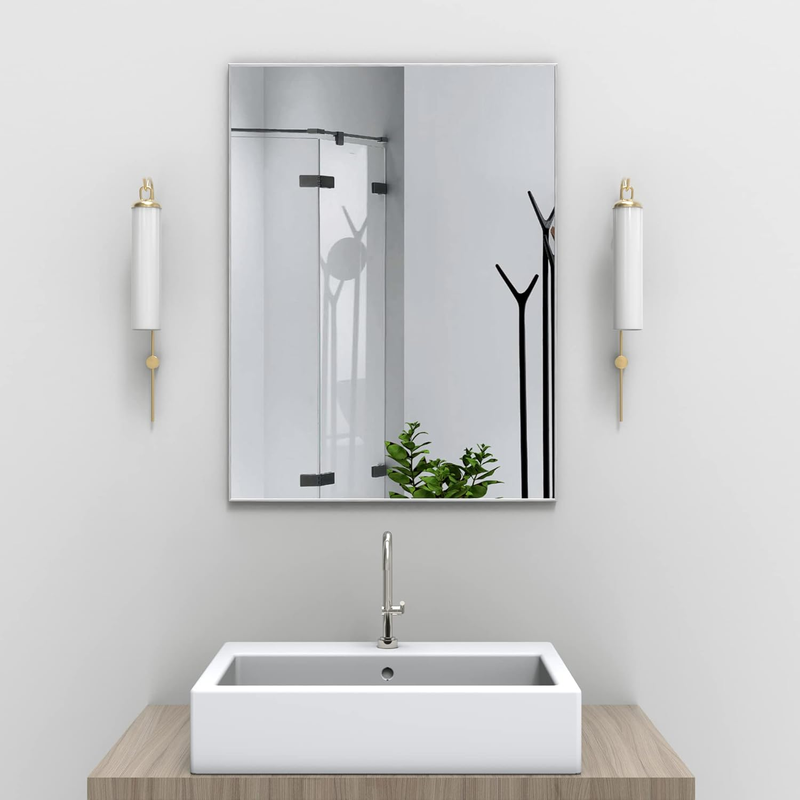 Silver Bathroom Wall Mounted Mirror, Aluminum Framed Modern Wall Mirrors Hangs Horizontal or Vertical for Bedroom Entryway 32
