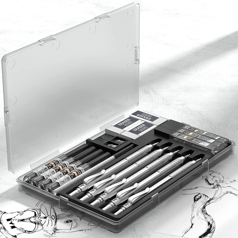 5PCS Metal Mechanical Pencils Set in Case, Art Drafting Pencil 0.5, 0.7, 0.9 Mm