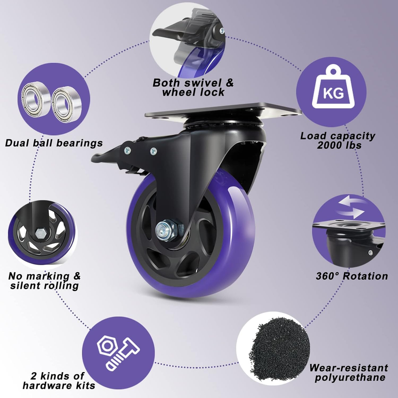 4 Inch Caster Wheels with Brake, Heavy Duty Casters Set of 4 2000lbs, Swivel Pla