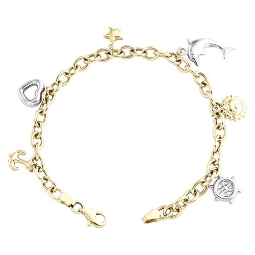 Pre-owned Jfl Diamonds & Timepieces 14k Two Tone Gold Rolo Link Dolphin Heart Sun Anchor Charm 5mm Bracelet 7.50"