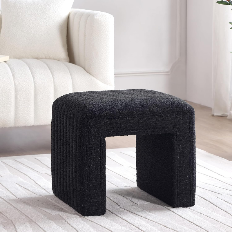 Vanity Stool Chair,Modern Boucle Ottoman Foot Stool with Wooden Legs Sofa Bench Footstool Extra Seat for Vanity,Makeup Room,Living Room,Entryway,Office (Fully Assembled)