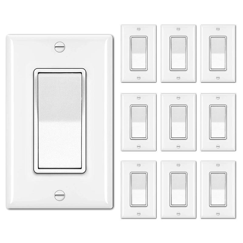[10 Pack] Single Pole Decorator Wall Light Switch with Wallplate, 15A 120/277V,