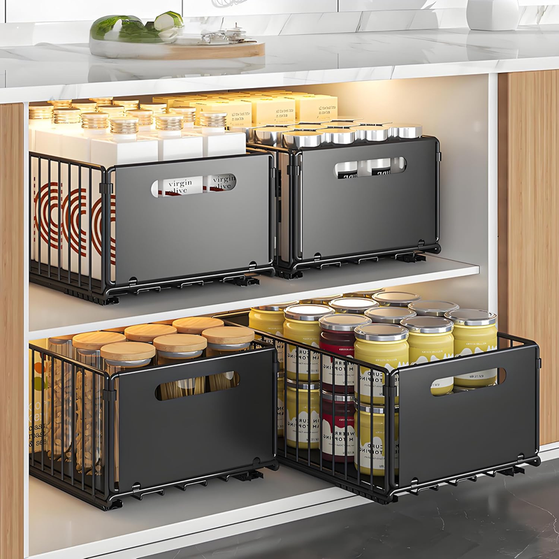 4 Pack Pull Out Drawers for Cabinets, Foldable Pull Out Cabinet Organizer