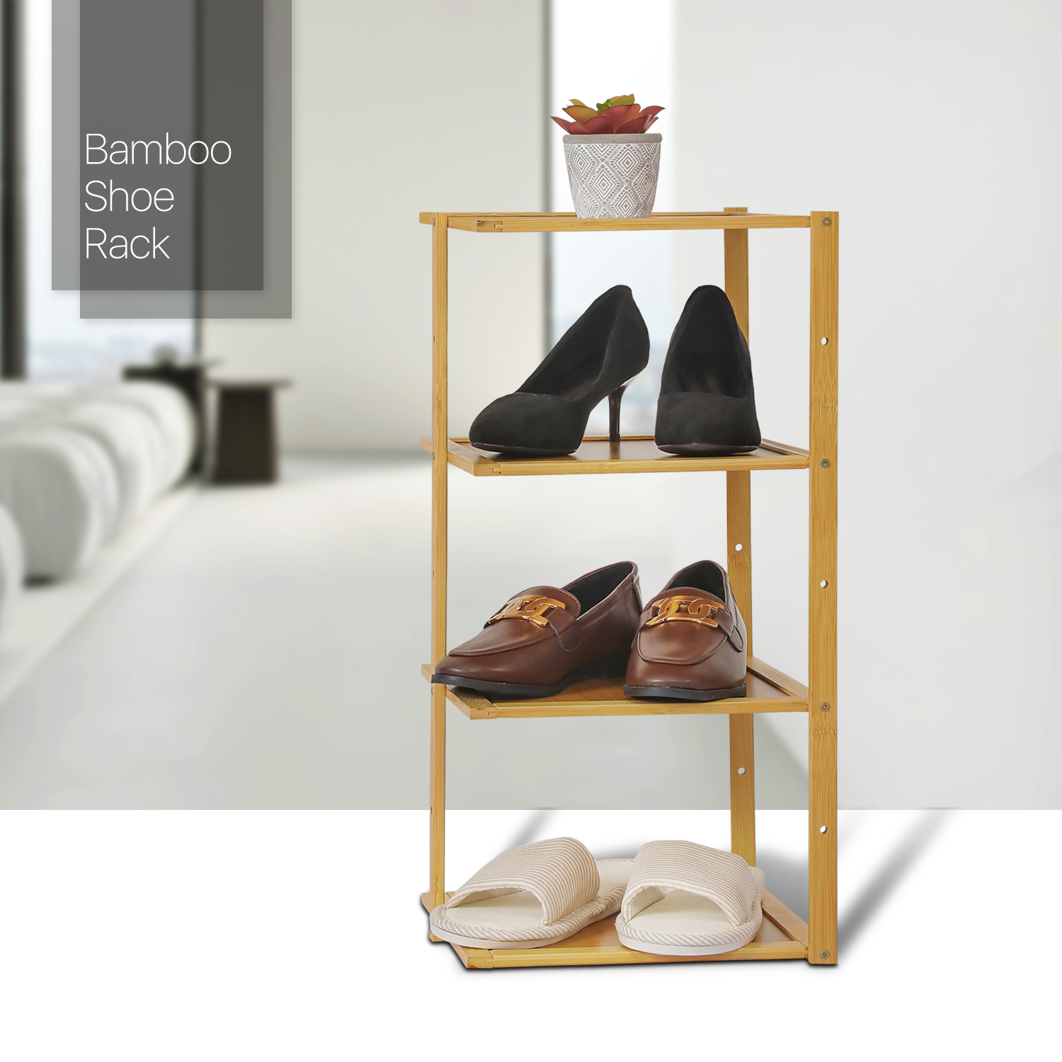 11"Bamboo Entryway[FREESTANDING SHOE RACK]High Heel Storage Stand Corner Shelves