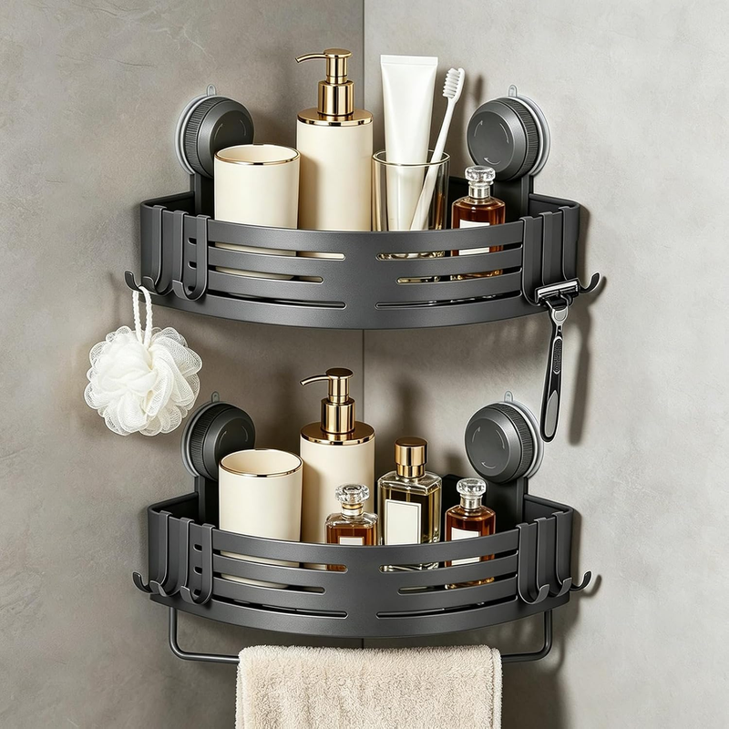Corner Shower Caddy, 2 Pack Suction Shower Caddy with Towel Bar & Hooks, Rustpro