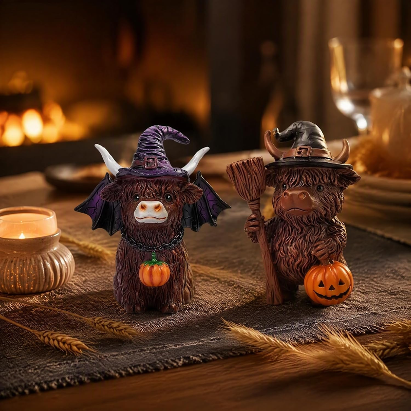2Er Set Halloween Highland Cow Figur Aus Harz, Dekorative Deko Figur Mit Kürbis