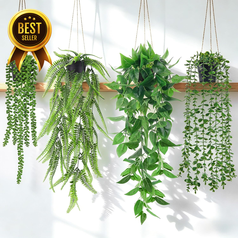 4Pcs Fake Hanging Plants with Lush Cascading Greenery