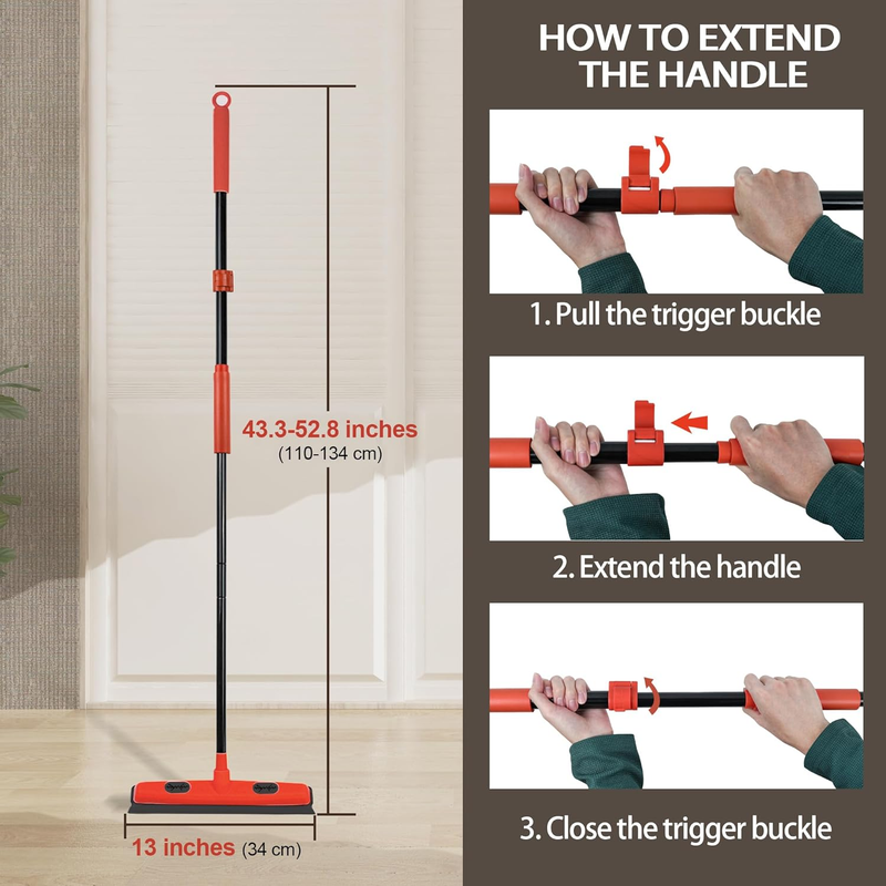Carpet Broom Rake with Squeegee, Rubber Pet Hair Brush with 52.8 inches Long Han