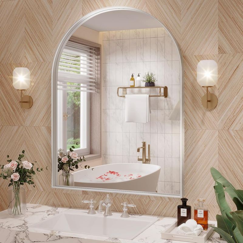 Arch Mirror, 24 X 32 Inch Silver Arch Mirror for Bathroom, Arched Wall Mirror, Aluminum Alloy Frame Silver Bathroom Vanity Mirror for Living Room Bedroom Entryway Mantel Hallways Decor