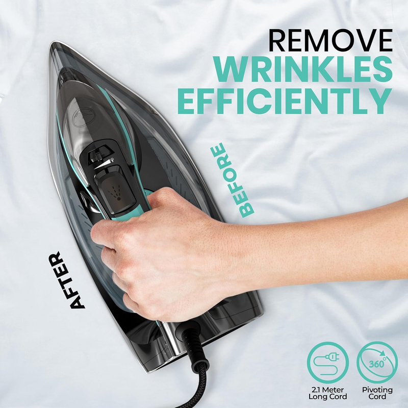 Steam Iron for Clothes - Non-Stick Soleplate -1800W Clothes Iron - Adjustable Th