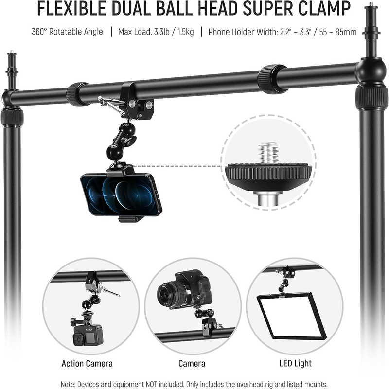 Overhead Camera Mount Rig with Dual Ballhead Super Clamp/Phone Holder/C Clamp fo