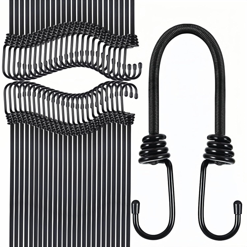 Bungee Cords Heavy Duty Outdoor 2Ft Bungee Straps with Hooks Black Bunji Cord 24 Inch 50Pcs