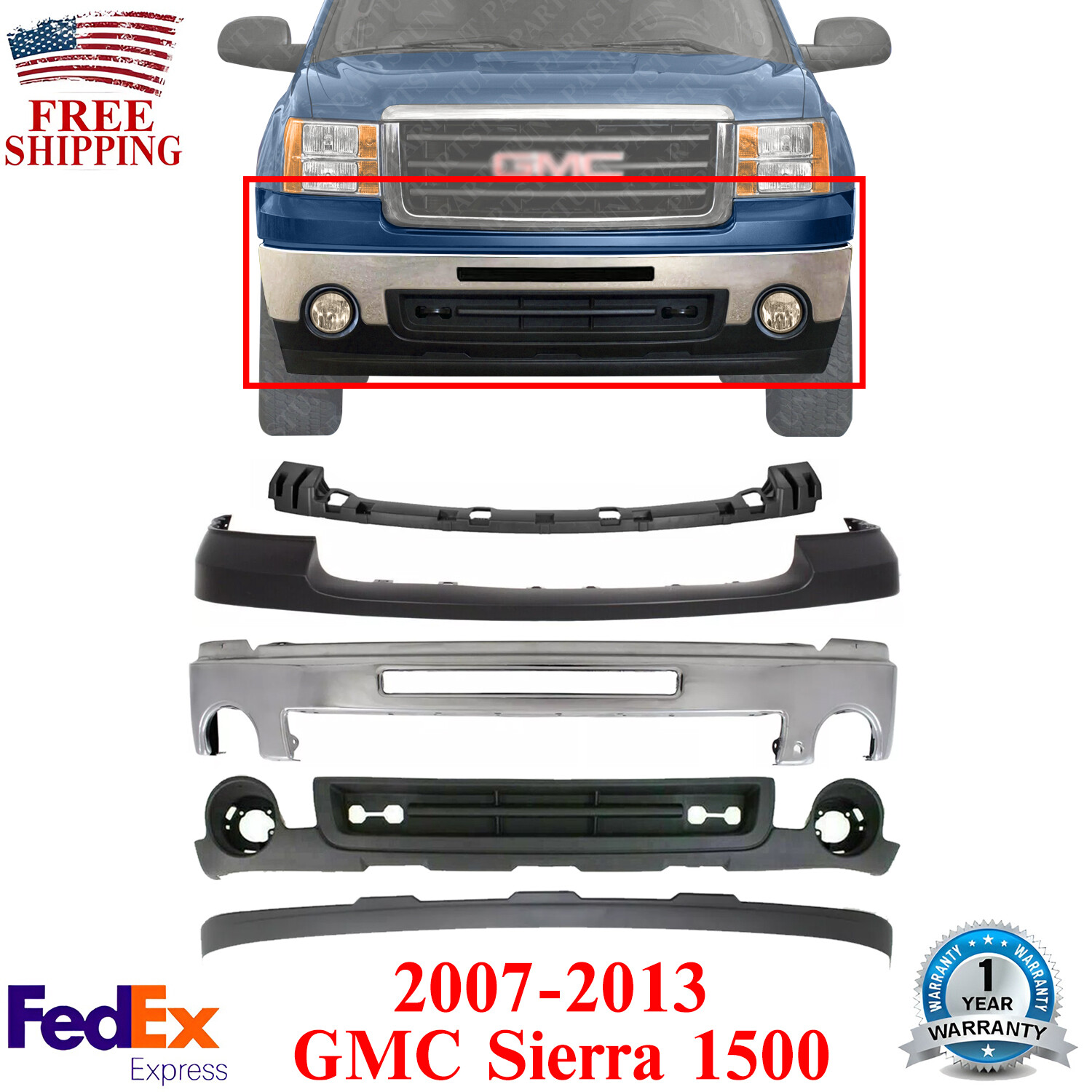 Front Bumper Chrome Steel Complete Kit For 2007-2013 GMC Sierra 1500 Pickup