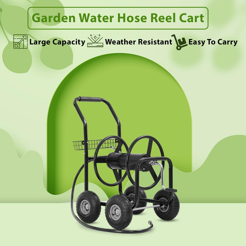 Heavy Duty Garden Hose Reel Cart with Wheels - Holds 300ft Hose, Storage Basket