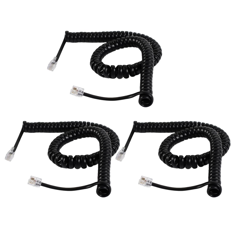 3PCS Landline Phone Cord 10ft Uncoiled 1.2ft Coiled Universal Cable Black Office