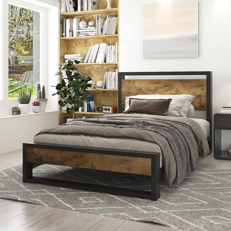 With Wood Headboard, Rustic Farmhouse Twin Platform Bed Frame For