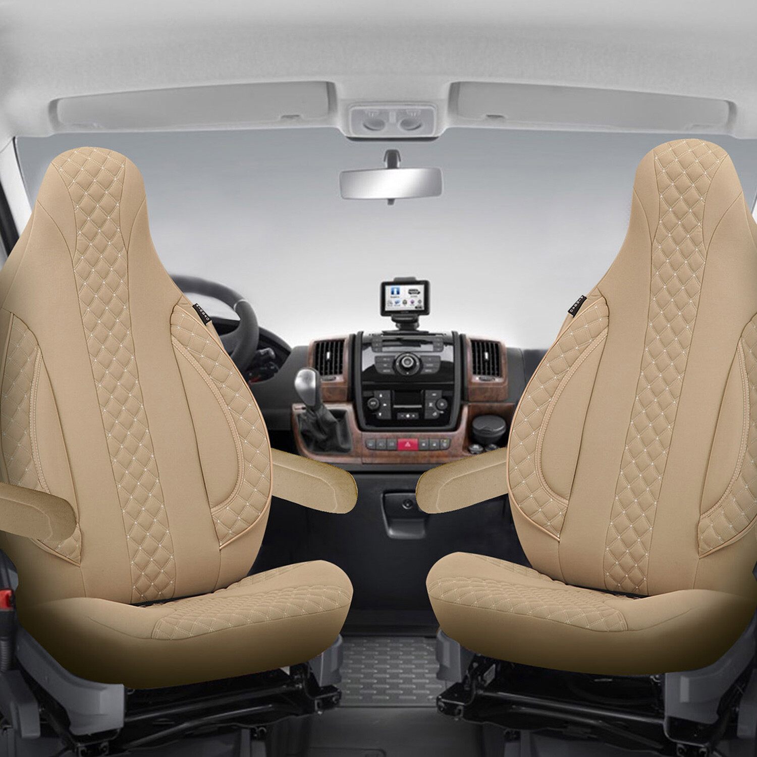 2 Stück Wohnmobil Sitzbezüge Schonbezüge Fahrer und Beifahrer in Beige Pilot