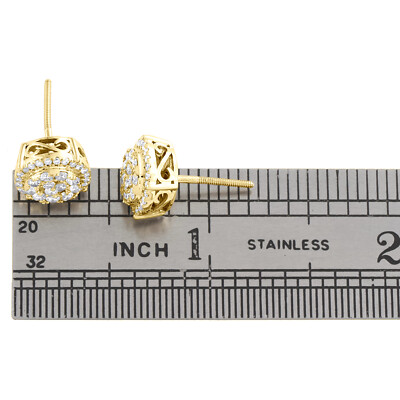 Pre-owned Jfl Diamonds & Timepieces 10k Yellow Gold Round Diamond Halo Stud 10mm Prong Set Cluster Earrings 7/8 Ct. In White