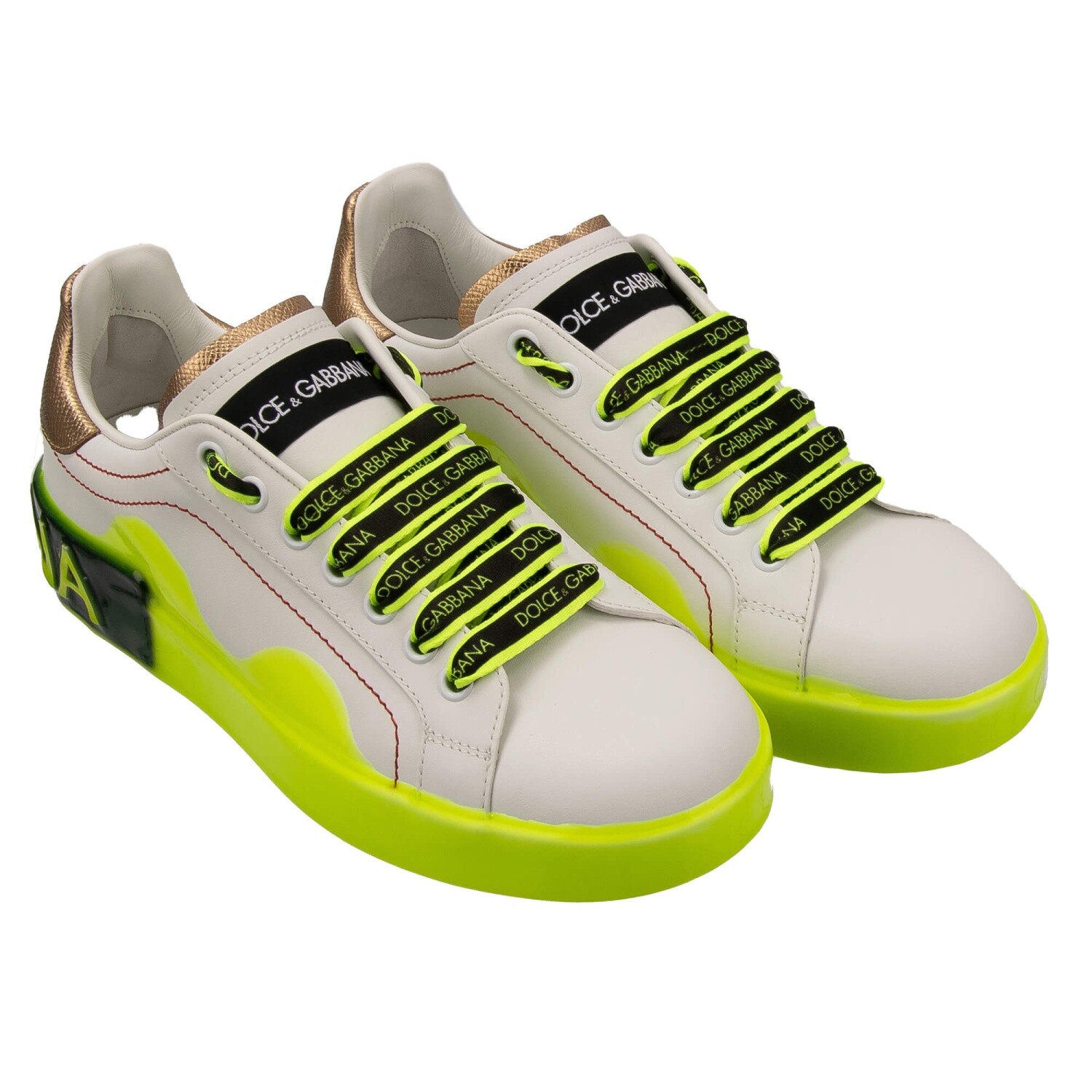 Pre-owned Dolce & Gabbana Dg Logo Sneaker Shoes Portofino White Neon Yellow Gold 13383