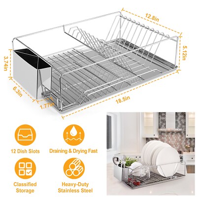 Dish Drying Rack 304 Stainless Steel w/ Drainboard Holder Kitchen Dish Organizer