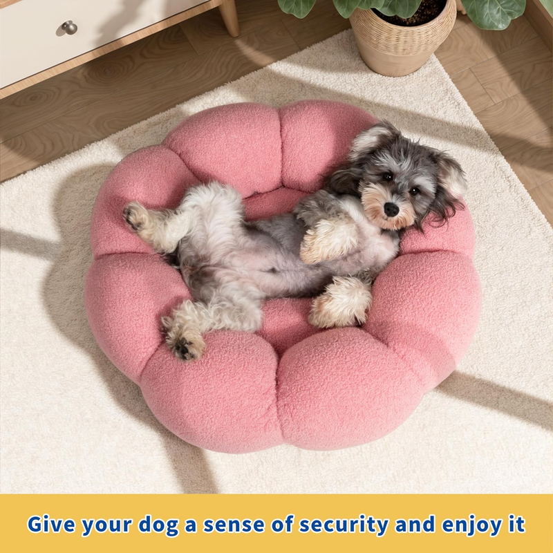 Calming Dog Beds for Medium Dogs-Fluffy Flower Cat&Dog Bed in Plush Teddy Sherpa