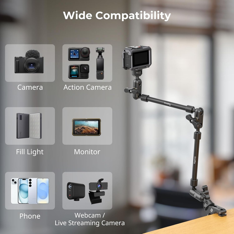 22" Magic Arm w Clamp, Overhead Phone Mount, Flexible Desk Camera Mount, Articul