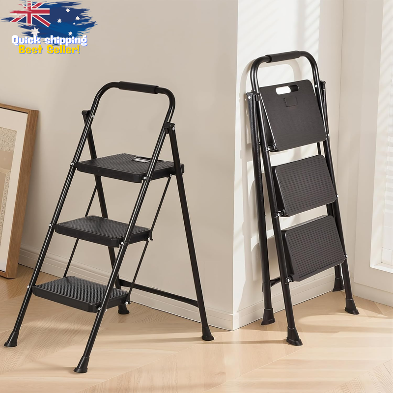 3 Step Ladder Folding Steel Step Stool 150Kg Capacity Durable Lightweight