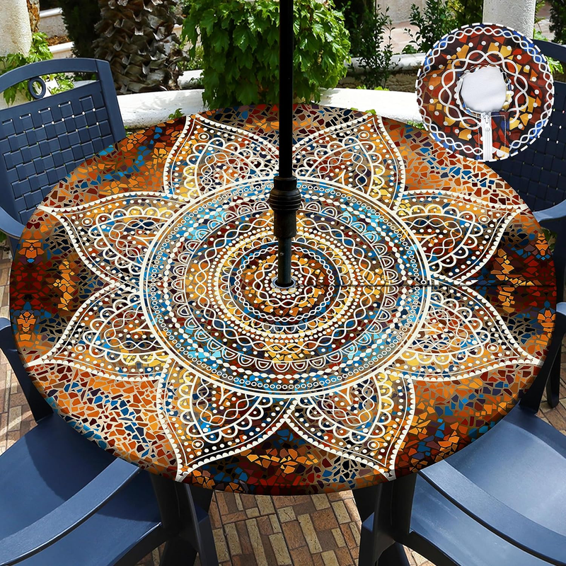 Outdoor Tablecloth with Umbrella Hole Waterproof round Fitted Tablecloth with El