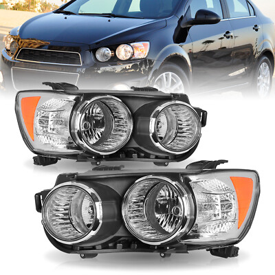 for 2012-2016 Chevy Halogen Sonic Headlight Headlamp [Chrome Bezel] Pair LH+RH