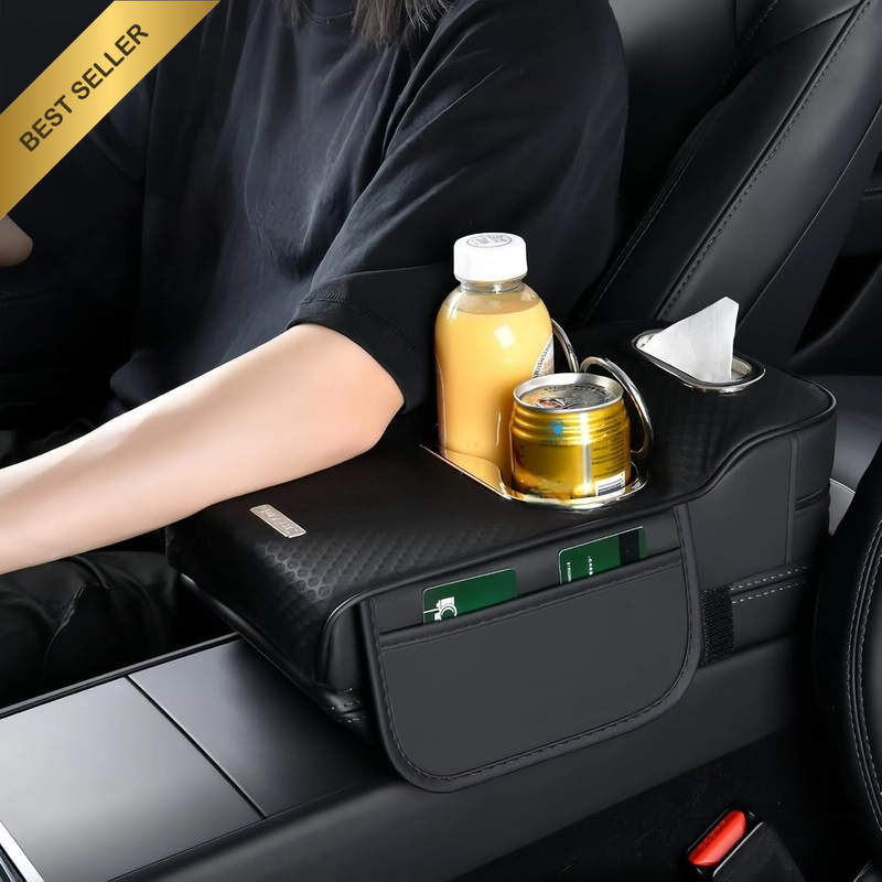 Car Armrest Cover with Cup Holders & Tissue Box,Leather Memory Foam Center Conso