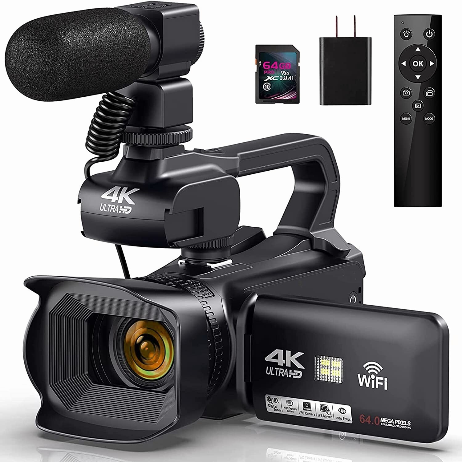 Camcorder 4K Video Camera 64MP 60FPS,HD Auto Focus Vlogging 