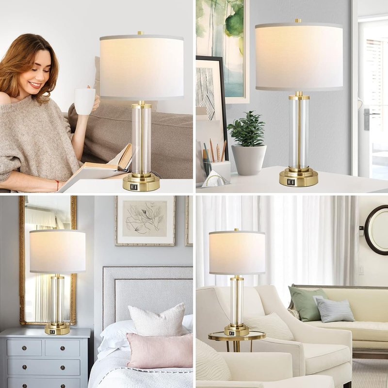 Qimh Lamps for Bedrooms Set of 2, Touch Control Table Lamps with Dual USB Ports,