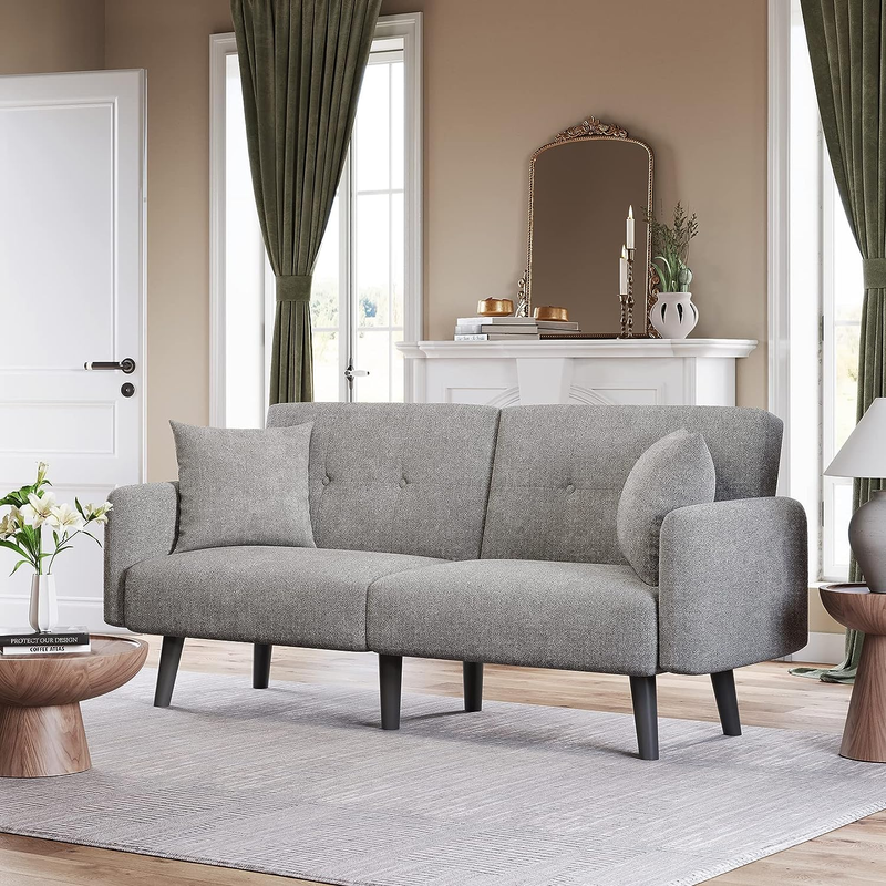 Futon Sofa Bed, Convertible Sleeper Sofa with Armrest, Modern Fabric Small Couch