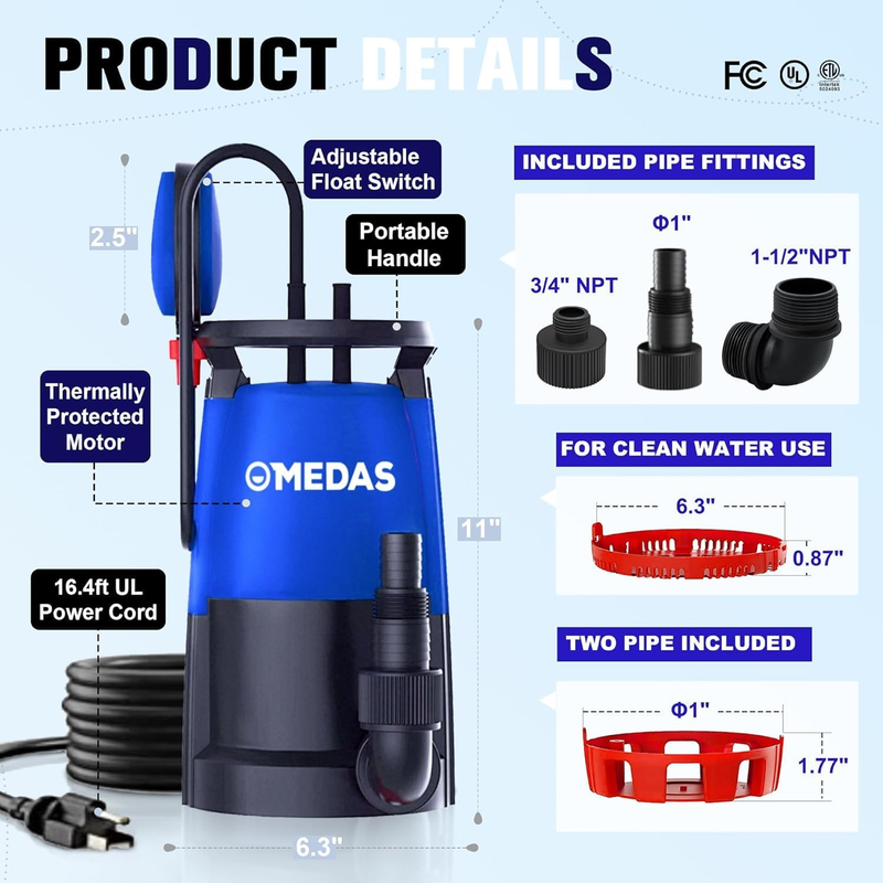 1/2 HP Submersible Water Pump 3-in-1 Sump Pump Thermoplastic Portable Utility Pu