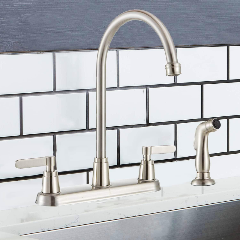 4 Hole Kitchen Faucet with Sprayer,High Arc Commercial Brushed Nickel Stainless