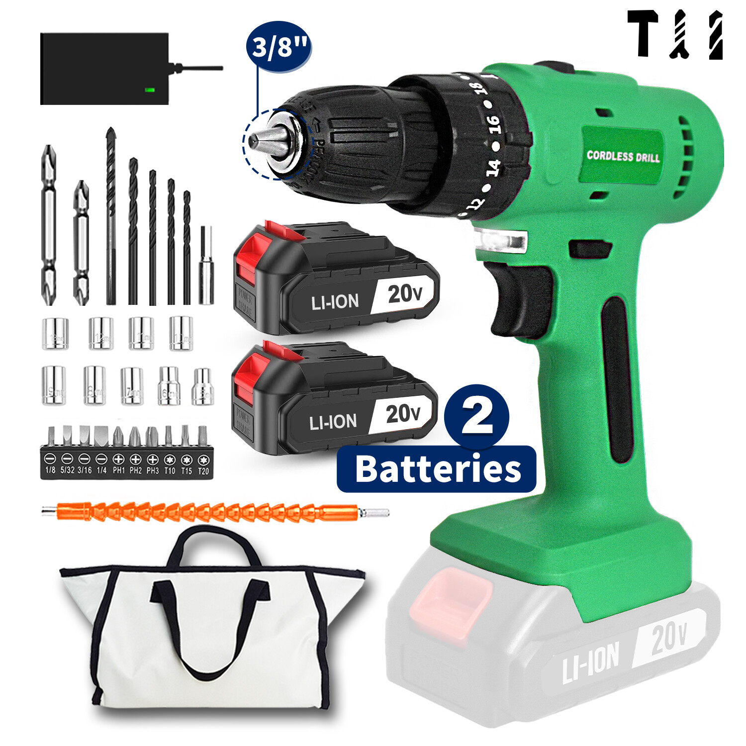 Tegatok Drill Set 20v Cordless Drill Driver 2 w/ Battery 2.0ah，Fast Charger