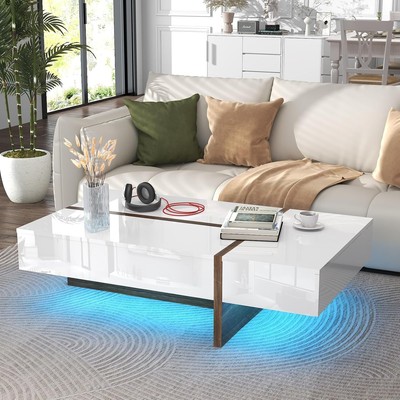 47'' Rectangular Modern High Gloss Coffee Tables with LED Light,  Storage Drawers